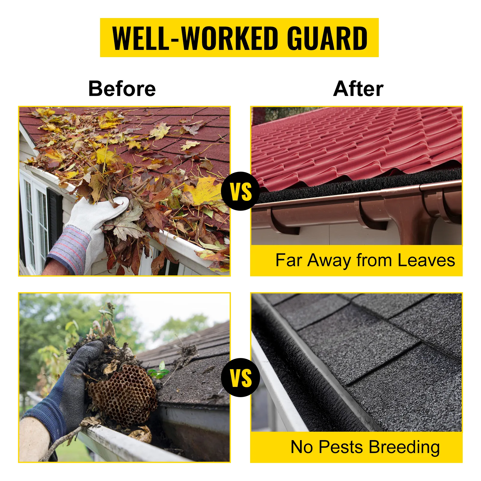 VEVOR gutter guard brush keeps gutters clear of leaves and pests.