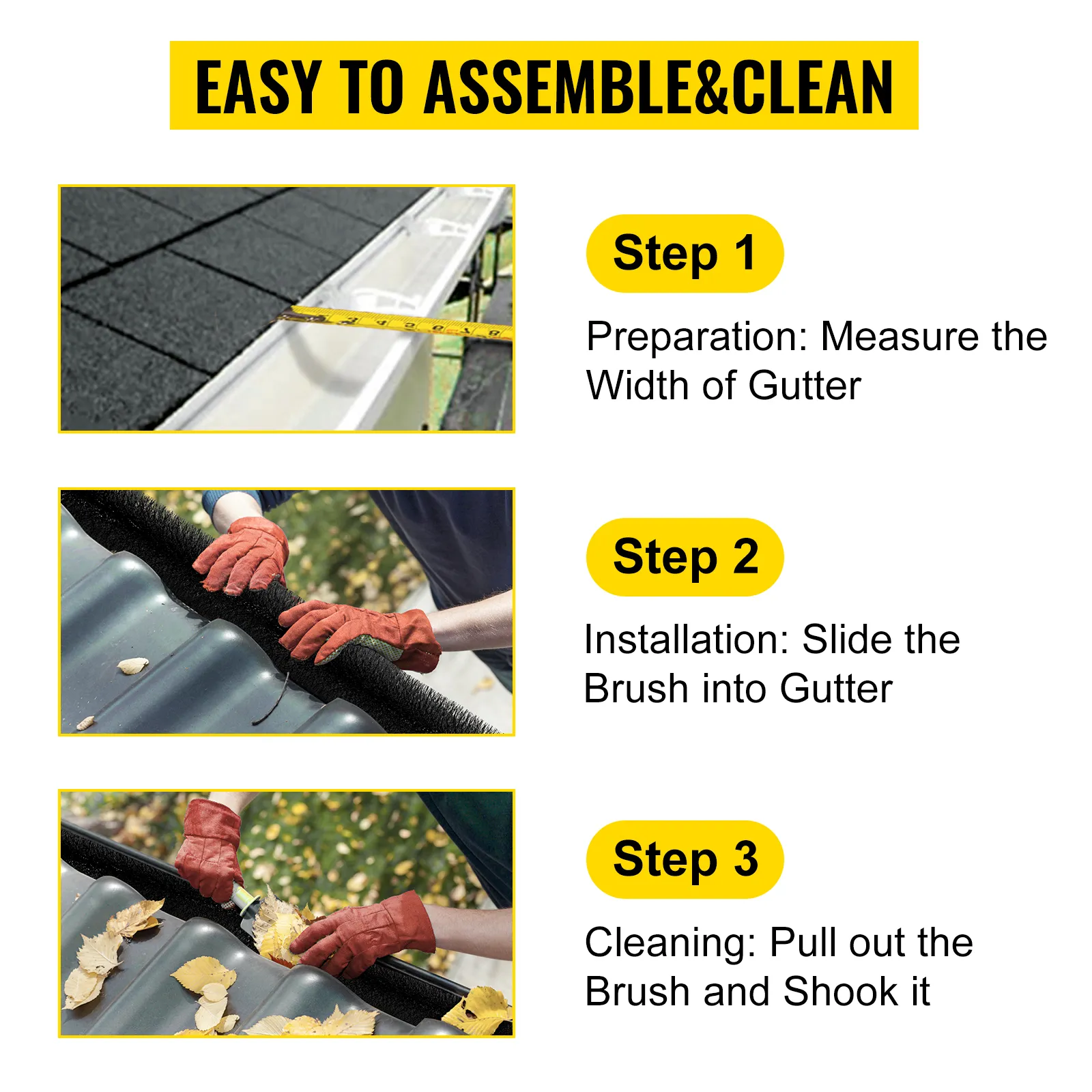 installation guide: measure, insert, and clean VEVOR gutter guard brush easily.