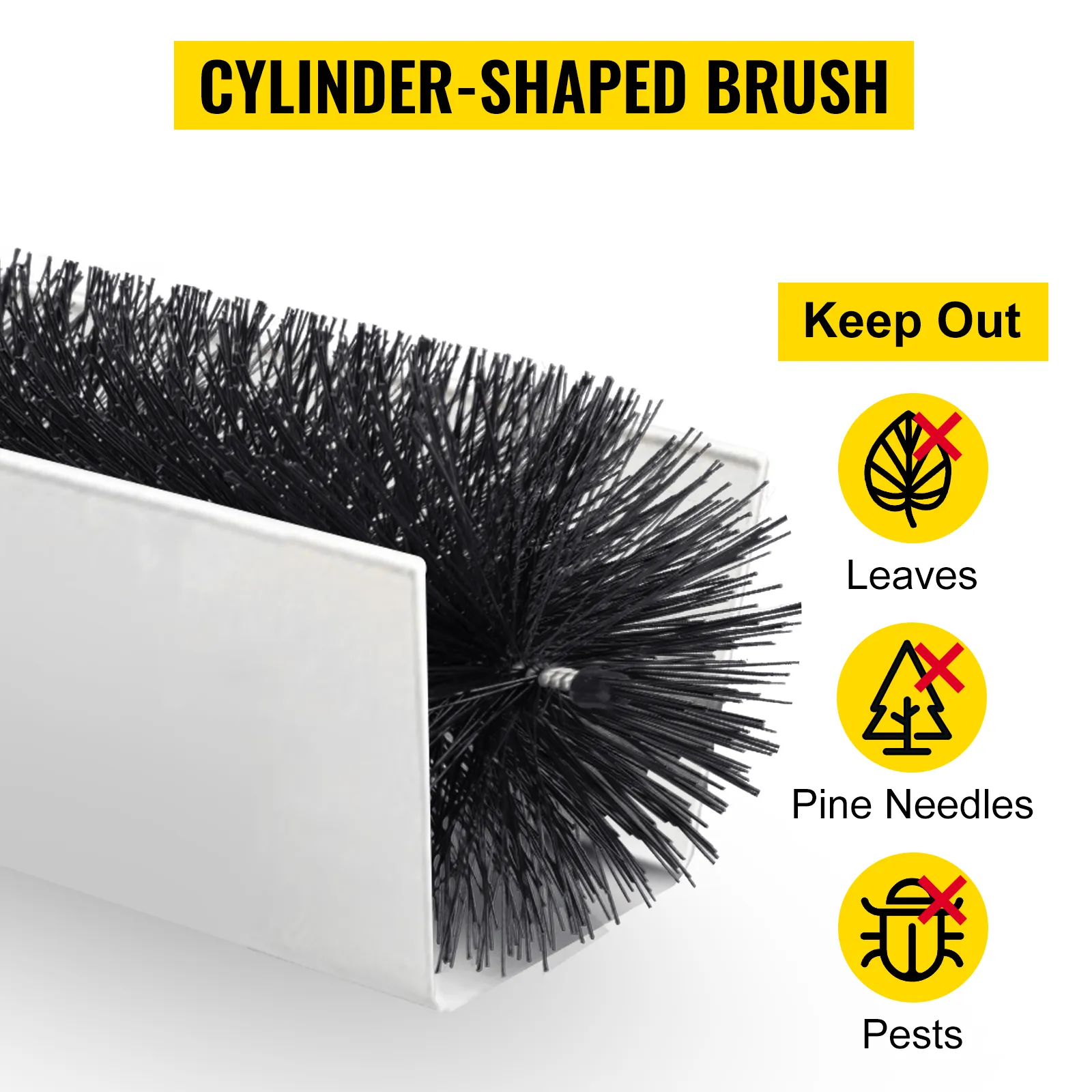 VEVOR gutter guard brush: keeps out leaves, pine needles, and pests. cylinder shape.
