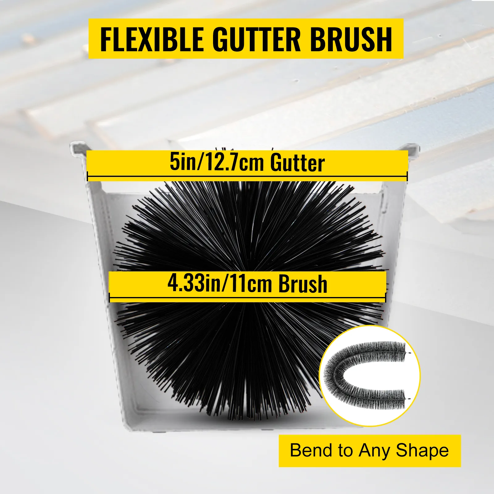 VEVOR gutter guard brush, flexible 5in/12.7cm gutter, 4.33in/11cm brush, bendable.