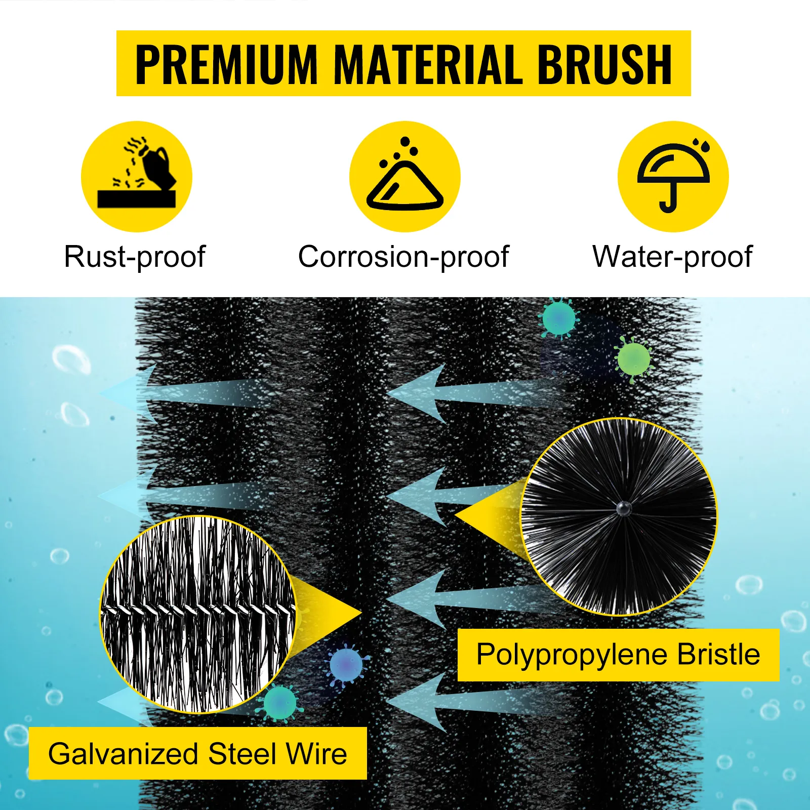 VEVOR gutter guard brush: rust-proof, corrosion-proof, and waterproof with polypropylene bristle.