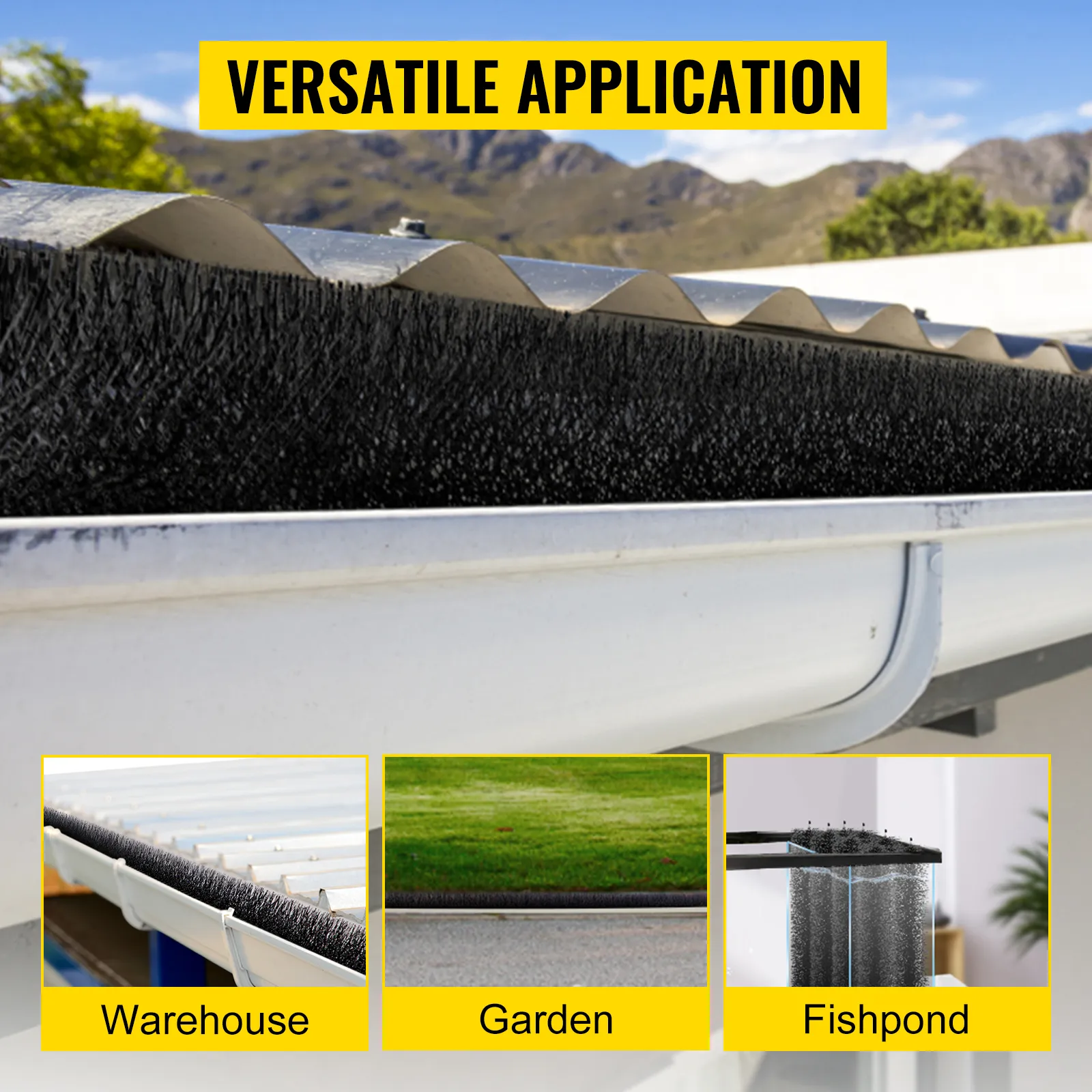 VEVOR gutter guard brush for warehouse, garden, and fishpond applications.