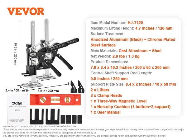 VEVOR labor saving arm jack hj-t120 with aluminum and steel construction, 4.7" lift height, accessories.