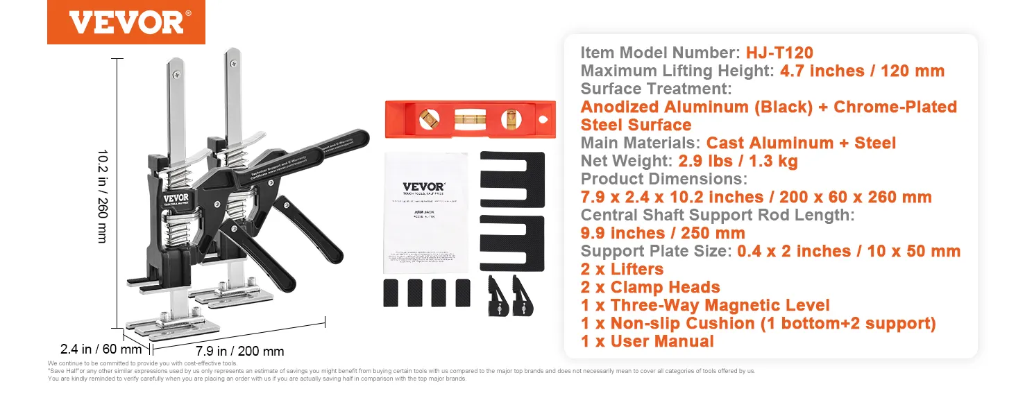 VEVOR labor saving arm jack hj-t120 with aluminum and steel construction, 4.7" lift height, accessories.