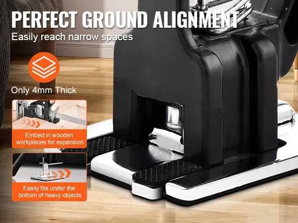 VEVOR labor saving arm jack demonstrating perfect ground alignment for narrow spaces on a wooden floor.