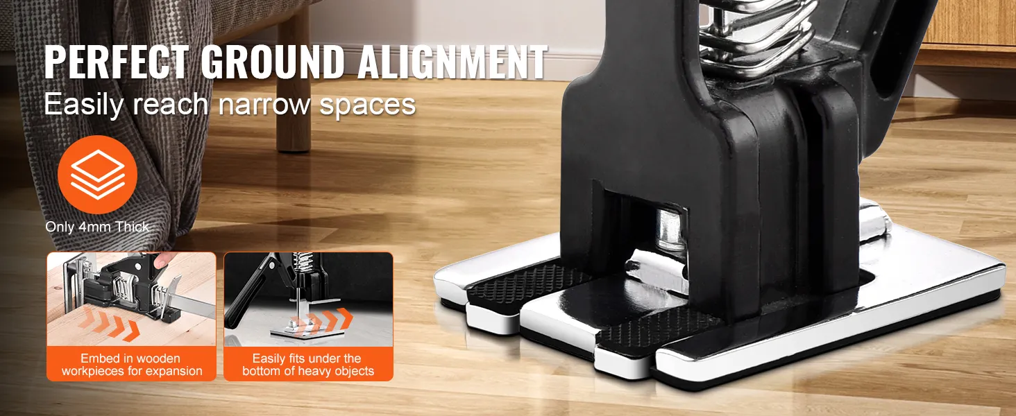 VEVOR labor saving arm jack demonstrating perfect ground alignment for narrow spaces on a wooden floor.