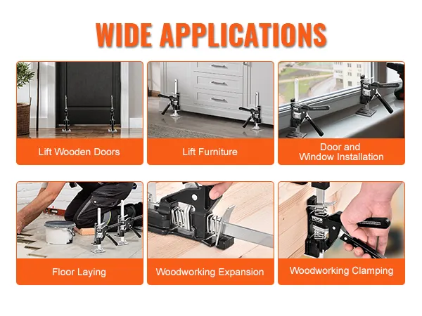 wide applications of VEVOR labor saving arm jack: lifting doors, furniture, floor laying, woodworking.