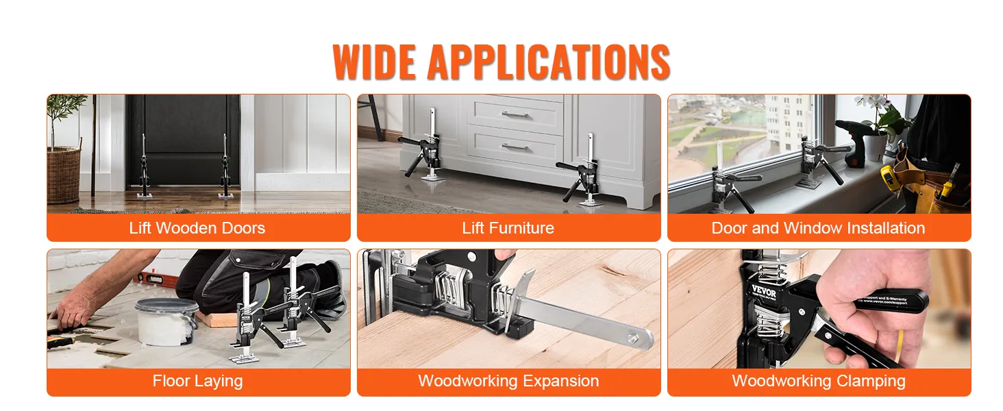 wide applications of VEVOR labor saving arm jack: lifting doors, furniture, floor laying, woodworking.