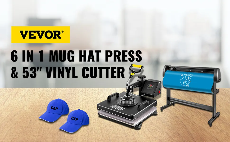 VEVOR heat press machine with hats and 53" vinyl cutter on wooden table.