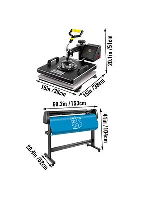 VEVOR heat press machine with measurements shown, includes heat press and vinyl cutter.