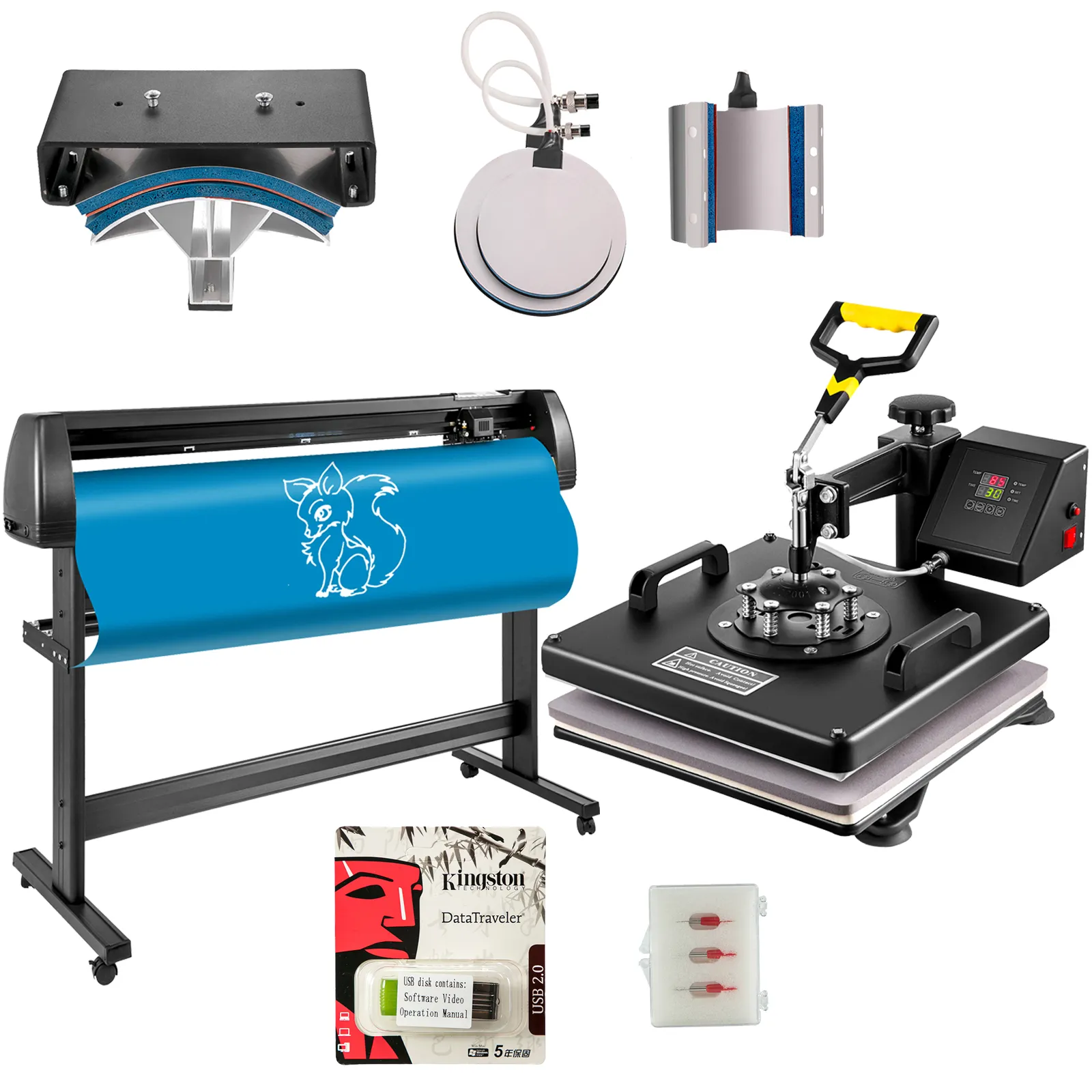 VEVOR heat press machine with accessories, vinyl cutter, and usb stick for printing.