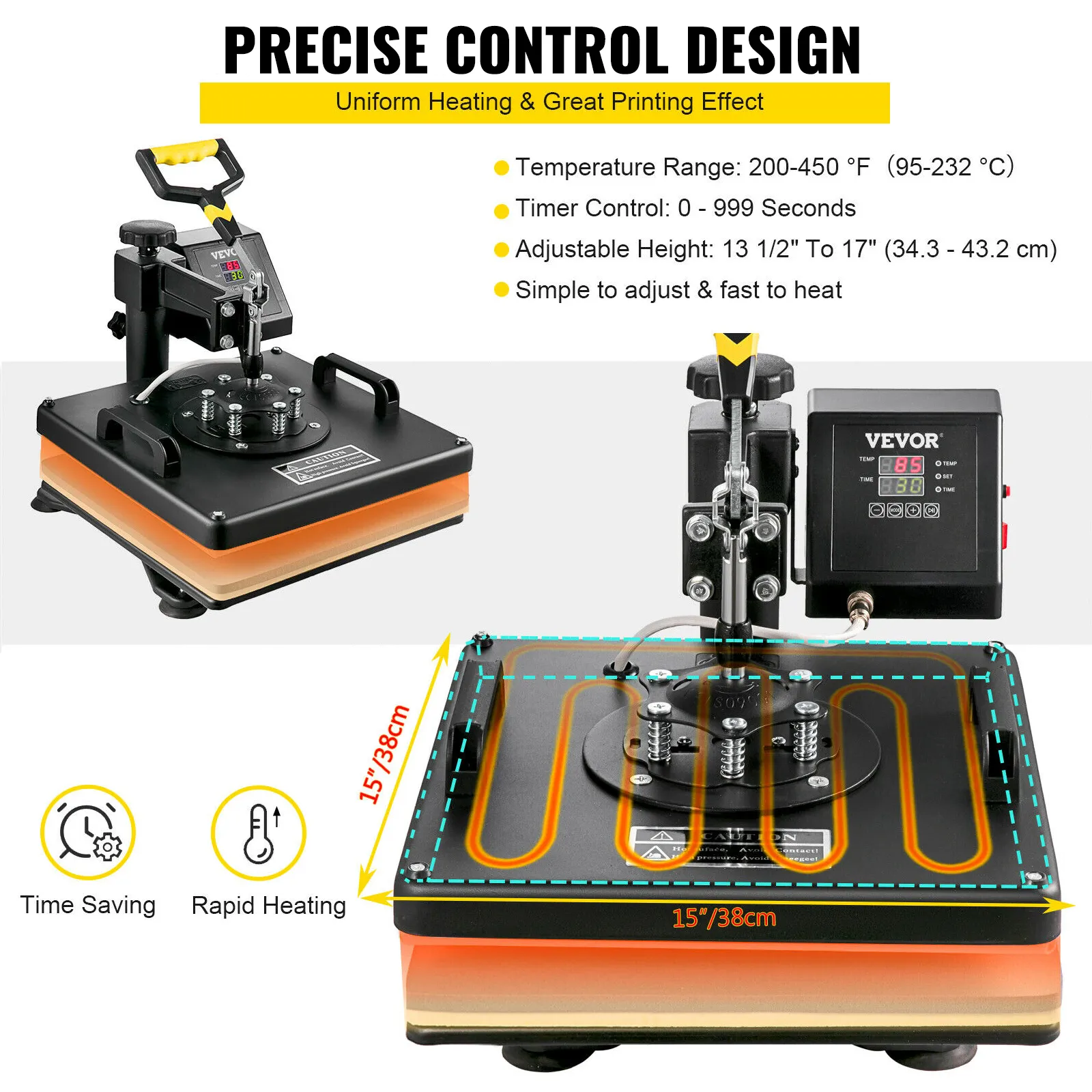 VEVOR heat press machine with precise control design, adjustable height, 15"x15" plate.