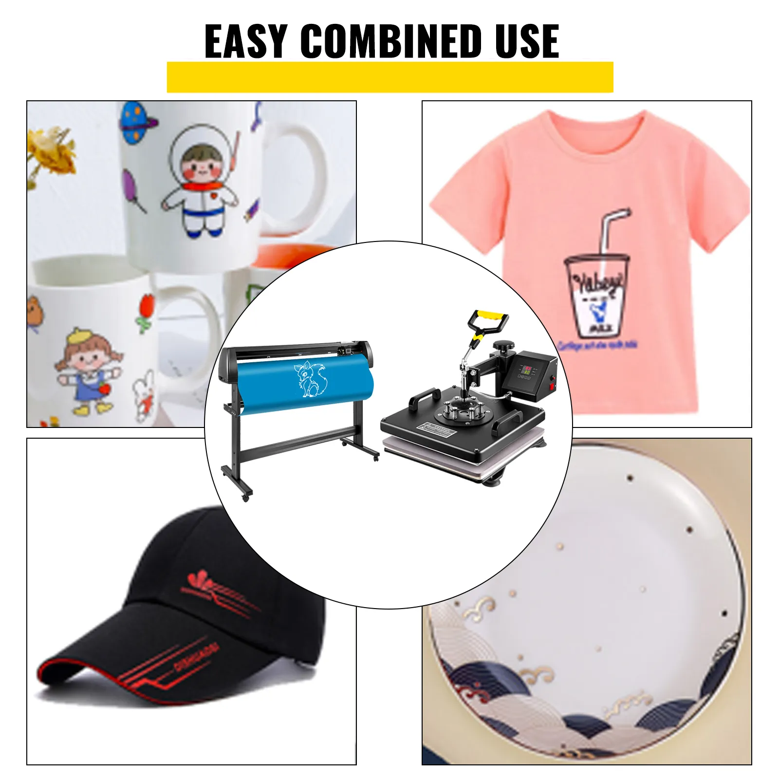 VEVOR heat press machine displaying t-shirt, cap, mugs, and plate designs.