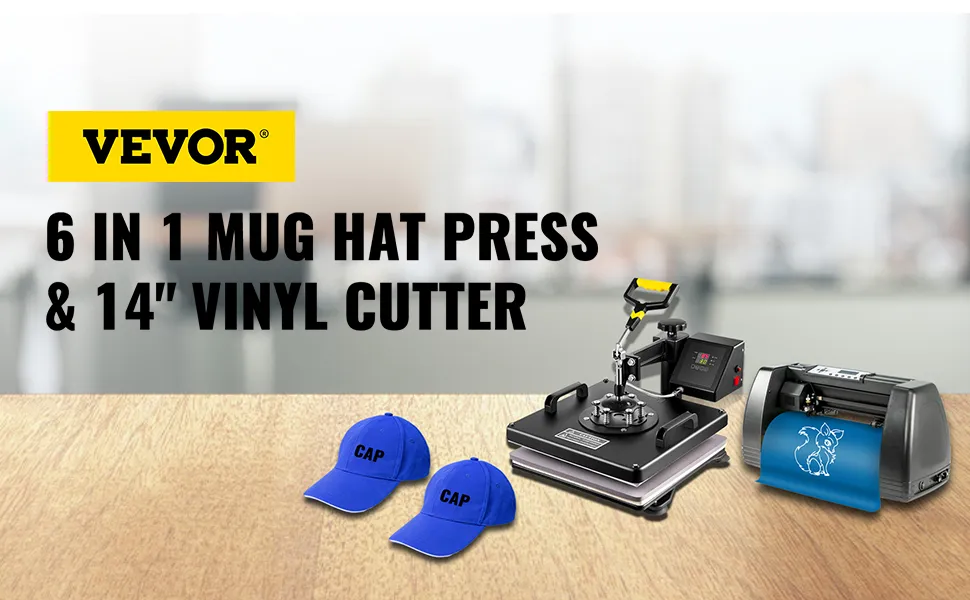 Máquina de sublimación con prensa térmica VEVOR con cortador de vinilo y prensa de tapa sobre mesa.