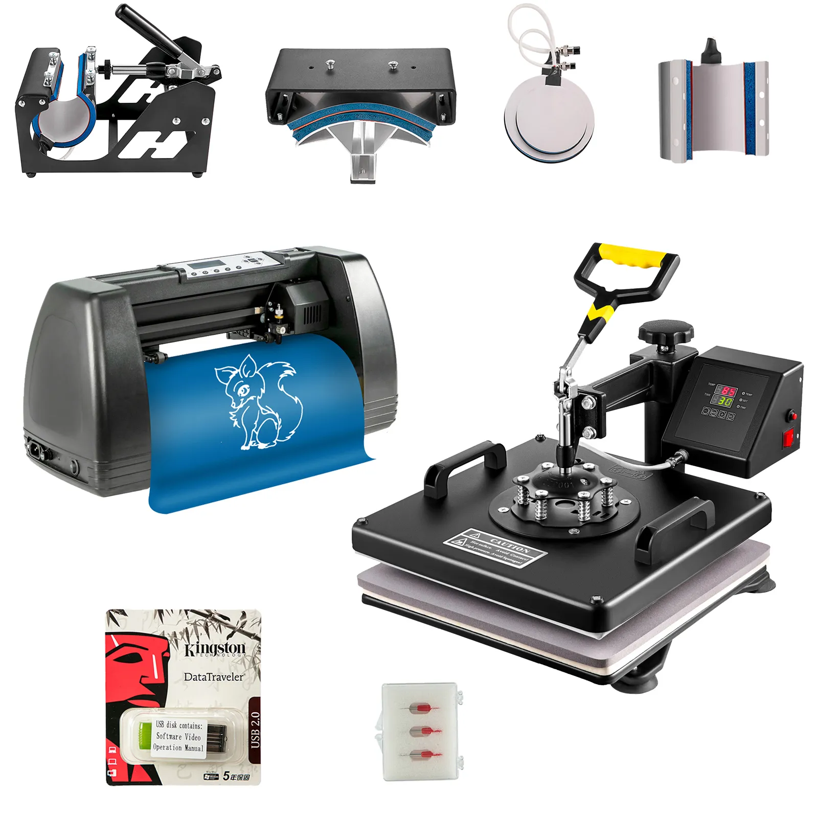 Máquina de sublimación con prensa térmica VEVOR con accesorios y cortador en el fondo.