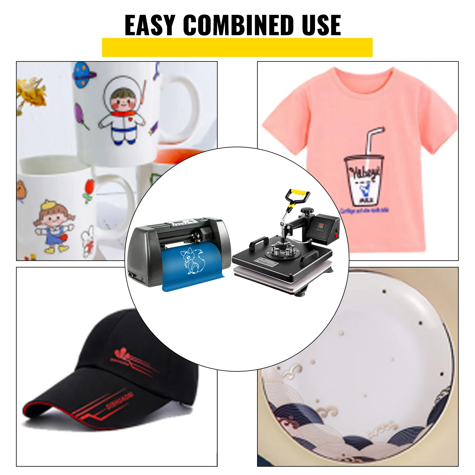 Máquina de sublimación con prensa térmica VEVOR para tazas, camisetas, gorras y platos. Fácil uso combinado.