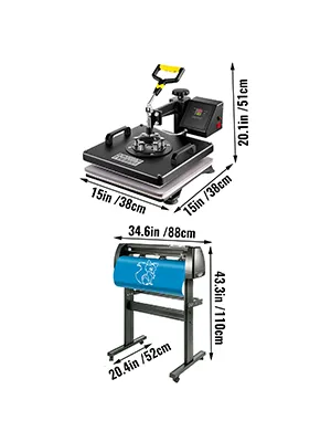 VEVOR heat press 15x15 machine with dimensions and fabric cutter illustration.