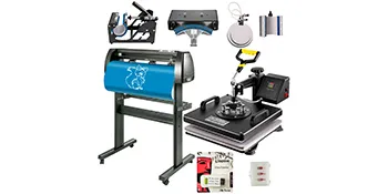 VEVOR heat press 15x15 with accessories and printing materials.