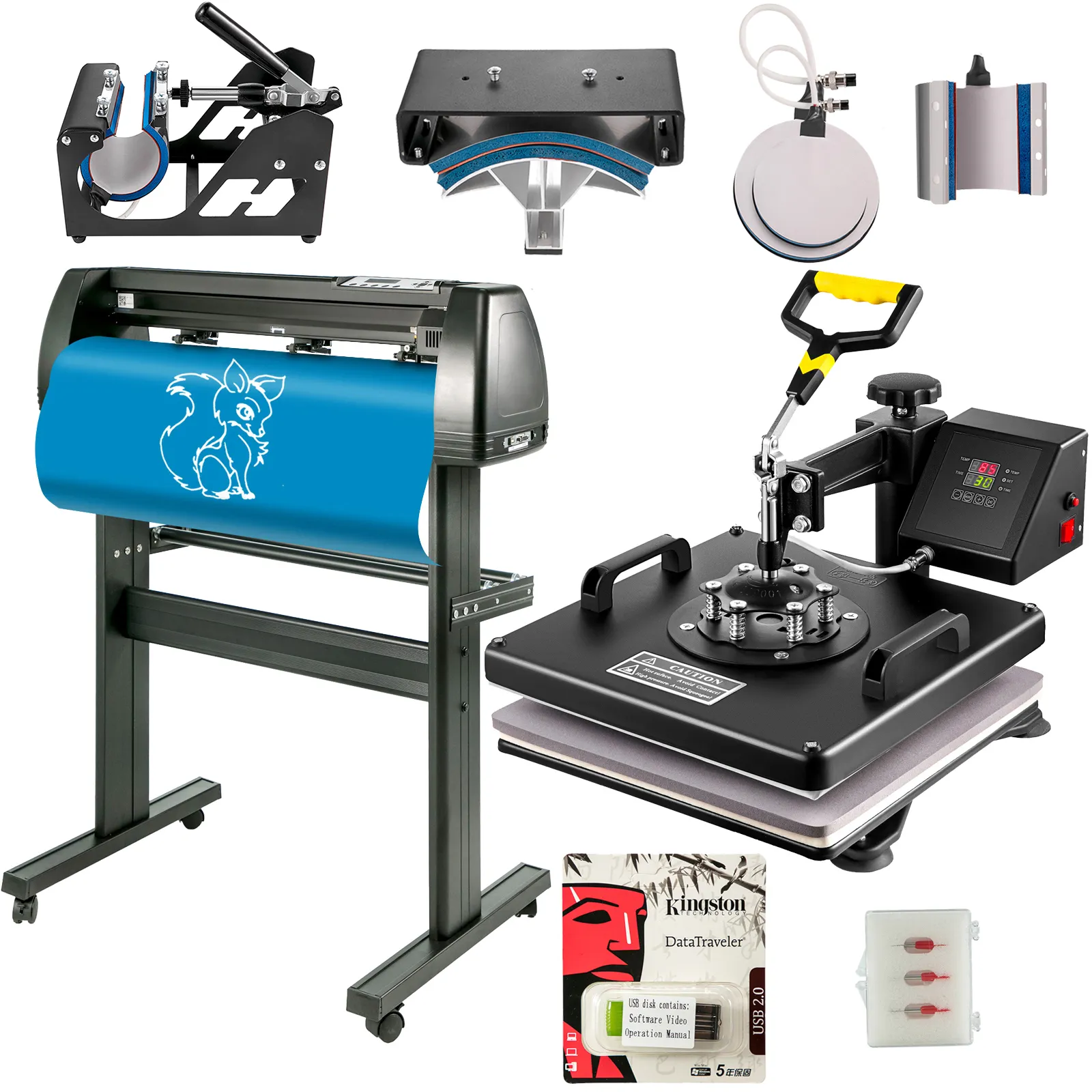 VEVOR heat press 15x15 with vinyl cutter, mug press, hat press, and accessories.
