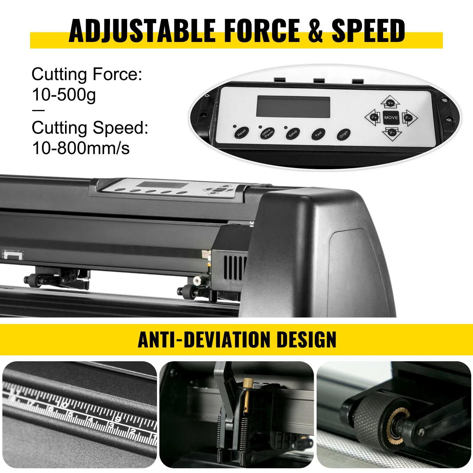 cutting machine with adjustable force and speed, anti-deviation design, and control panel.