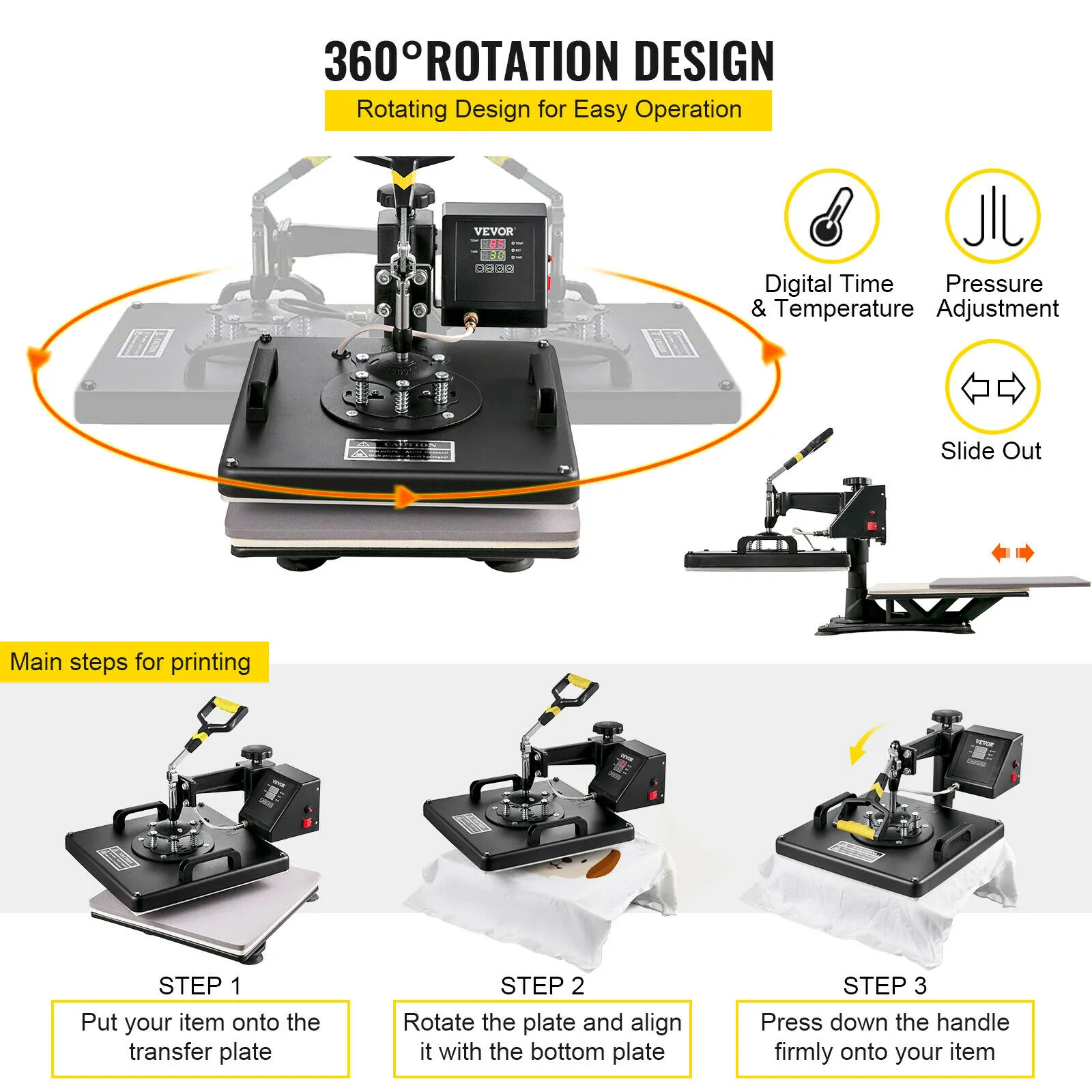 VEVOR heat press 15x15 showcasing 360-degree rotation, digital controls, and easy operation steps.