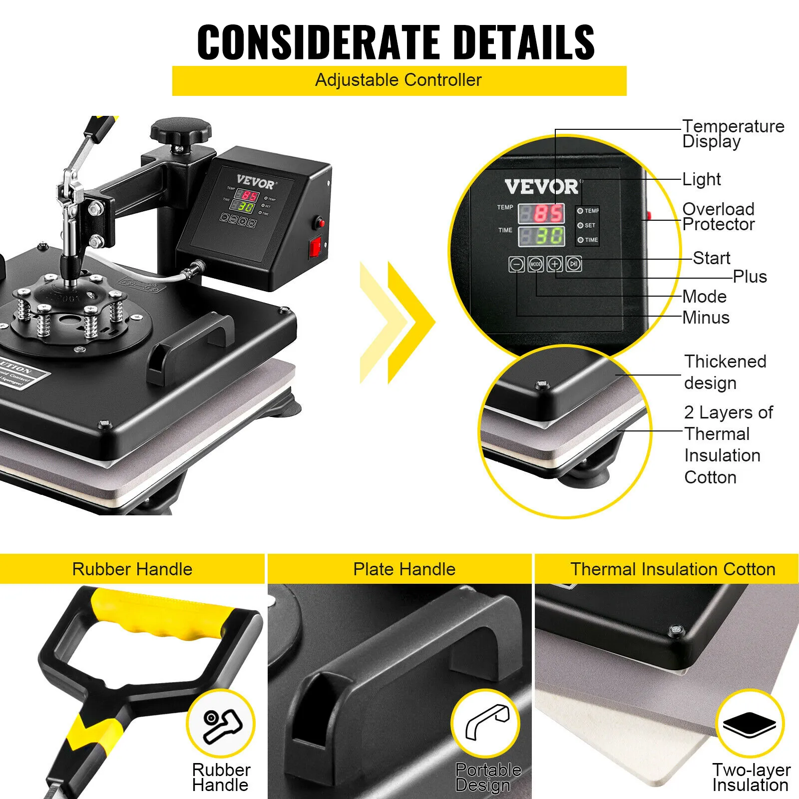 VEVOR heat press 15x15 with adjustable controller, rubber handle, and thermal insulation.