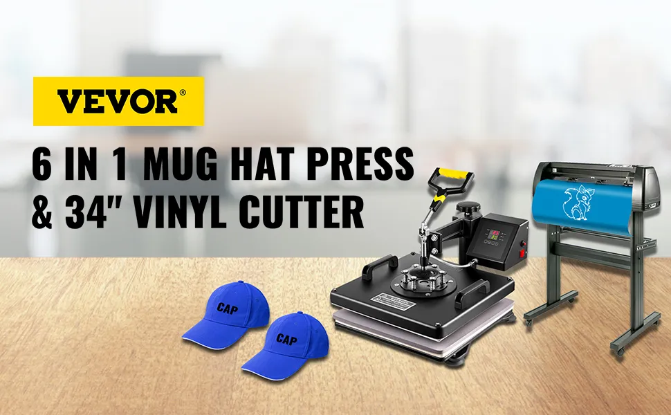 VEVOR heat press machine with hats and 34" vinyl cutter on a wooden table.