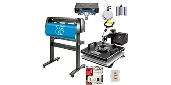 VEVOR heat press machine with accessories and cutting plotter on display.