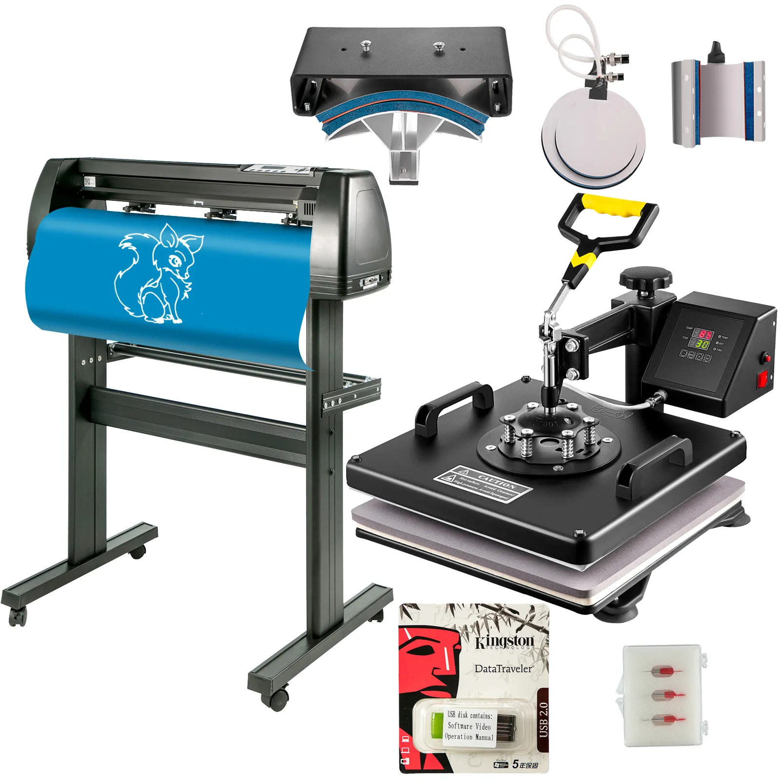 VEVOR heat press machine with accessories, vinyl cutter, and usb drive.