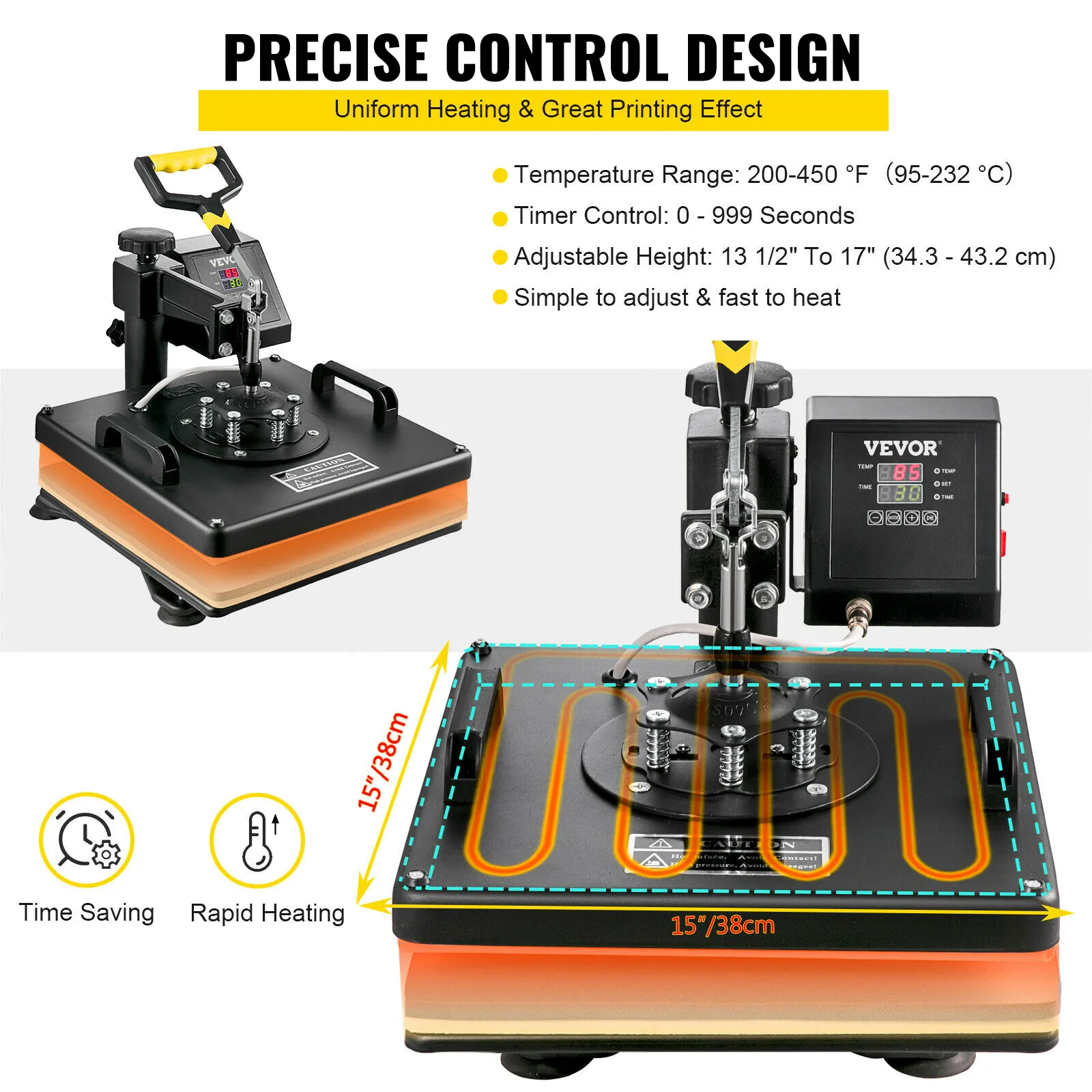 VEVOR heat press machine with precise control design, 15"x15" base, and digital timer.
