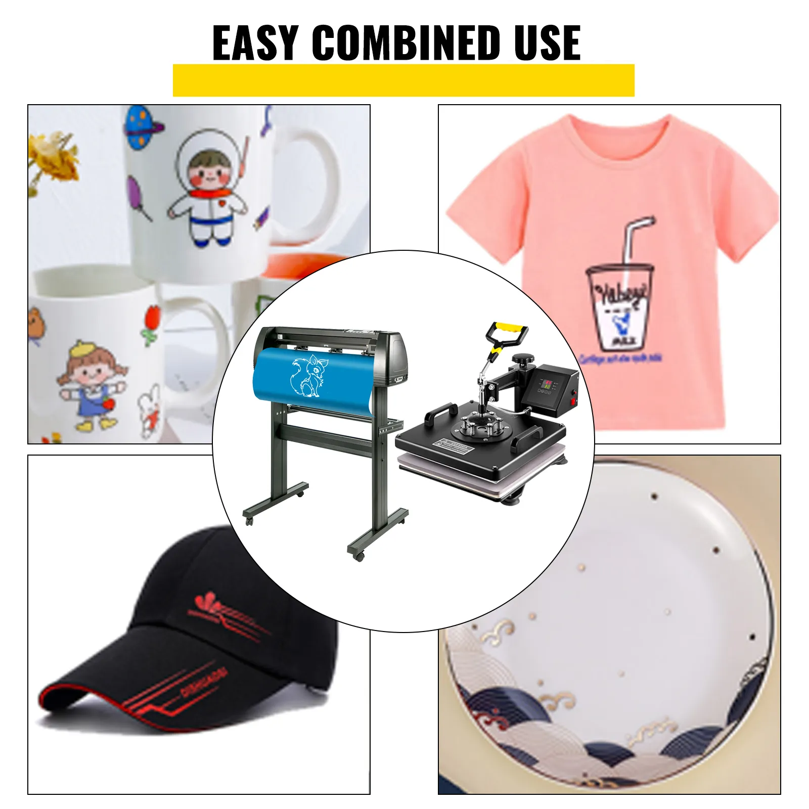 VEVOR heat press machine showcasing mugs, t-shirt, cap, and plate customization.