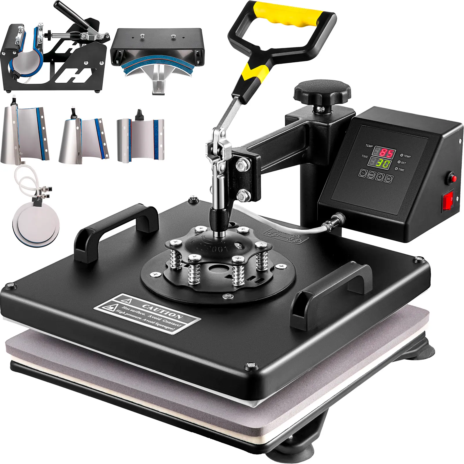 Máquina de prensado térmico VEVOR con panel de control digital y múltiples accesorios.