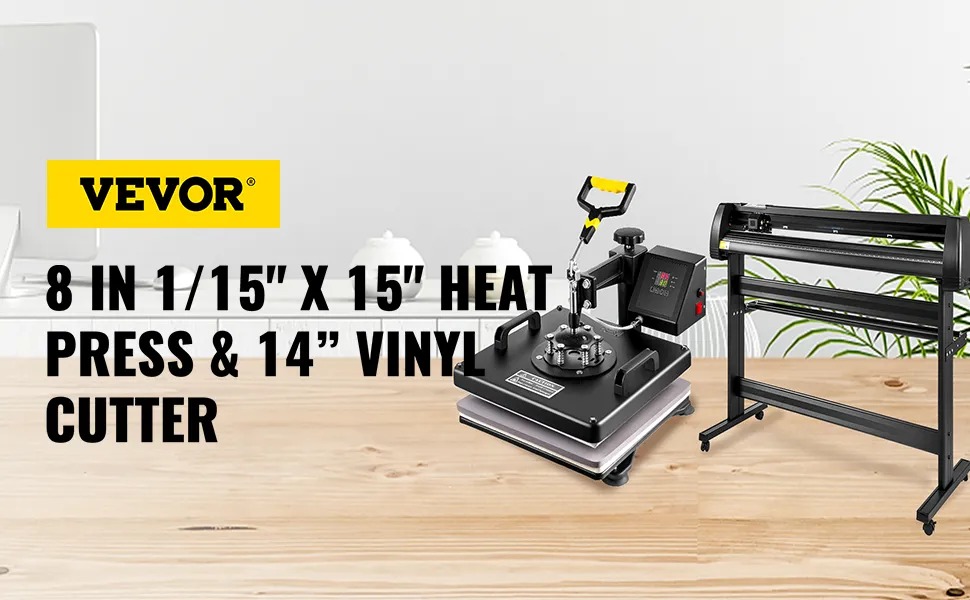 VEVOR heat press machine and 14" vinyl cutter on a wooden table with plants.