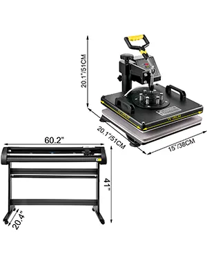 VEVOR heat press machine and vinyl cutter with dimensions displayed.