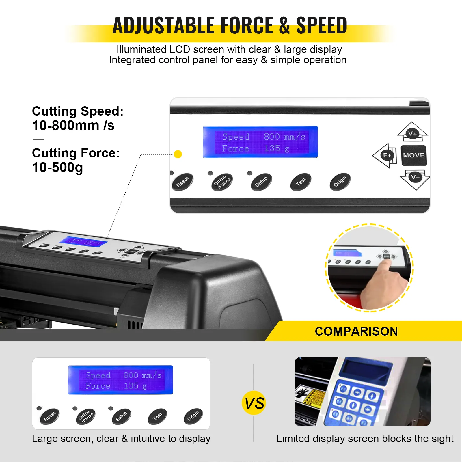 adjustable force and speed lcd screen on VEVOR heat press machine with comparison display.
