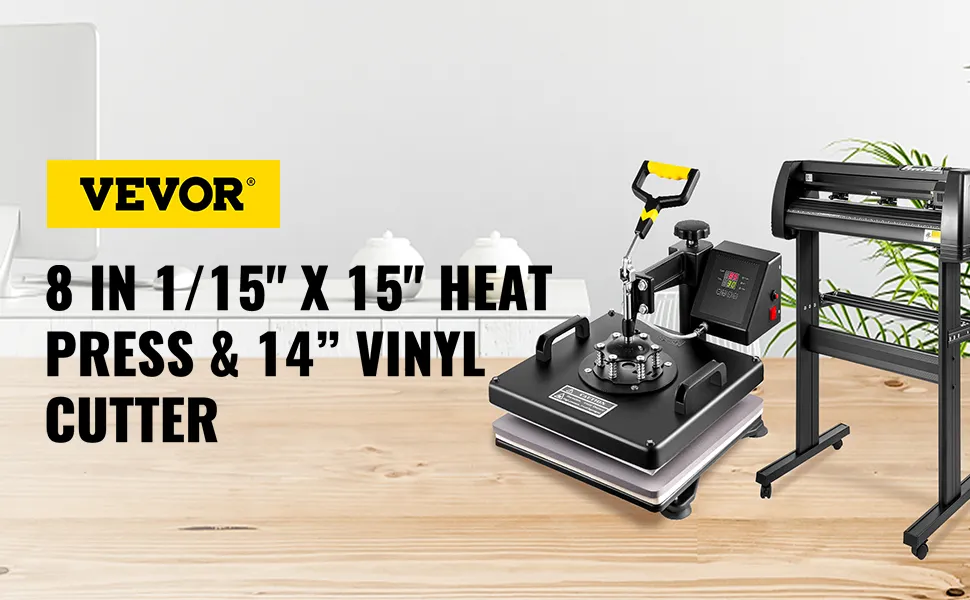 VEVOR 8 in 1 heat press sublimation machine with 14" vinyl cutter on table.