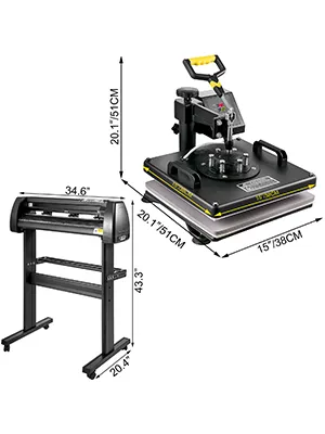 VEVOR 8 in 1 heat press sublimation machine with dimensions displayed.