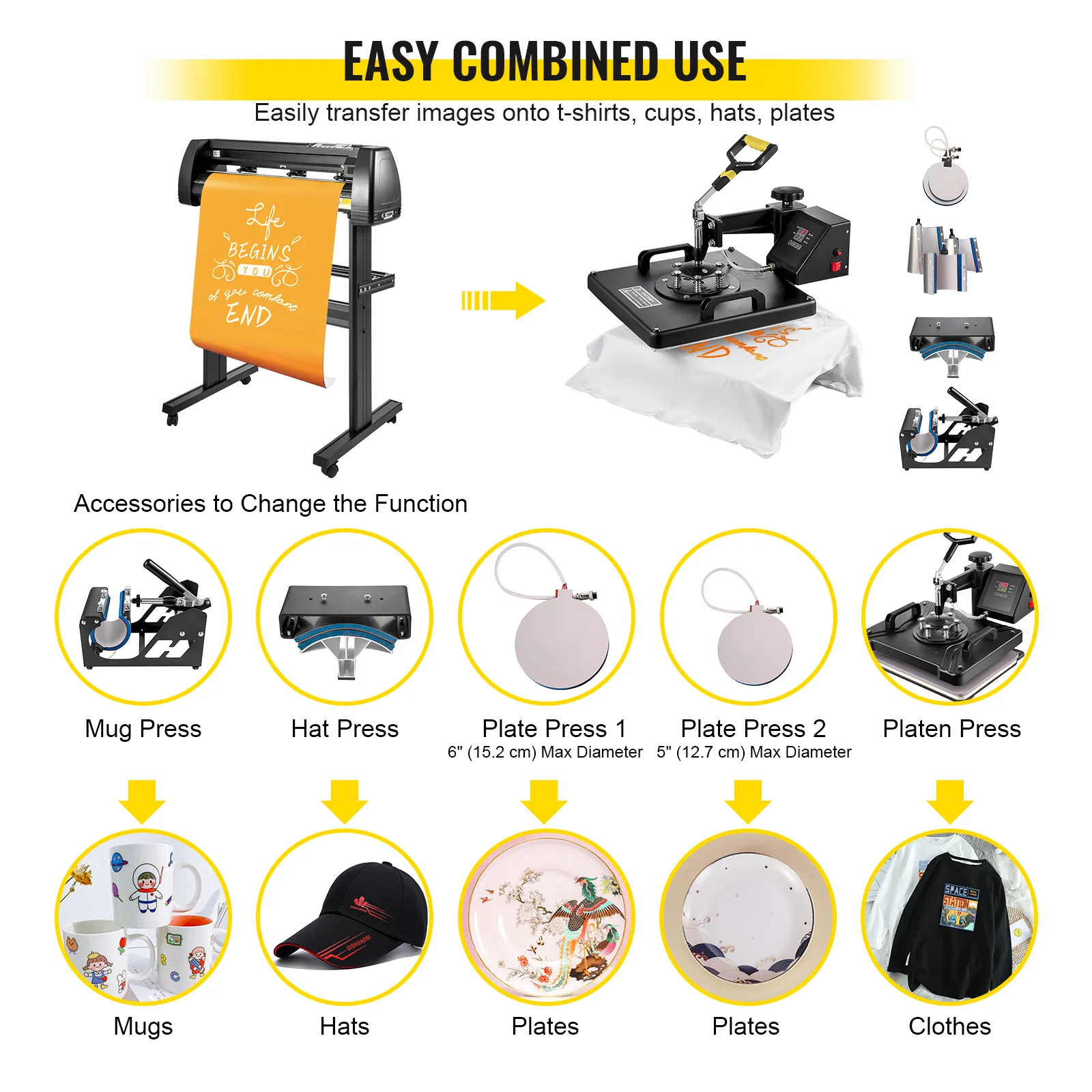 VEVOR 8 in 1 heat press sublimation machine with attachments for mugs, hats, plates, clothes.