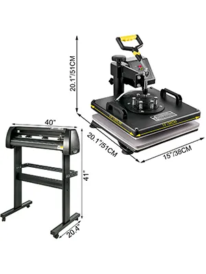 Prensa térmica VEVOR y cortadora de vinilo con dimensiones.