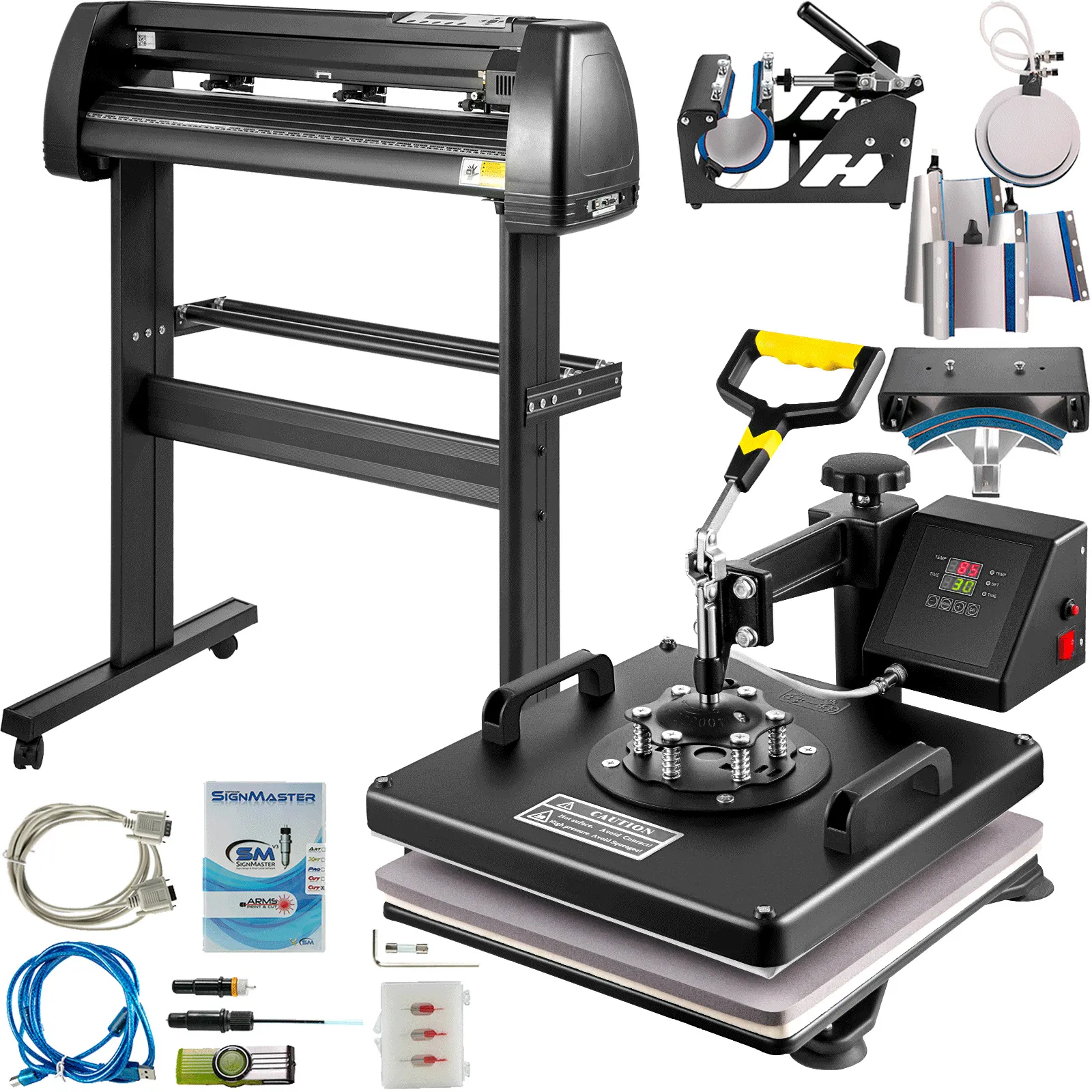 Prensa térmica VEVOR con accesorios adjuntos, incluido un cortador de vinilo y herramientas de transferencia.