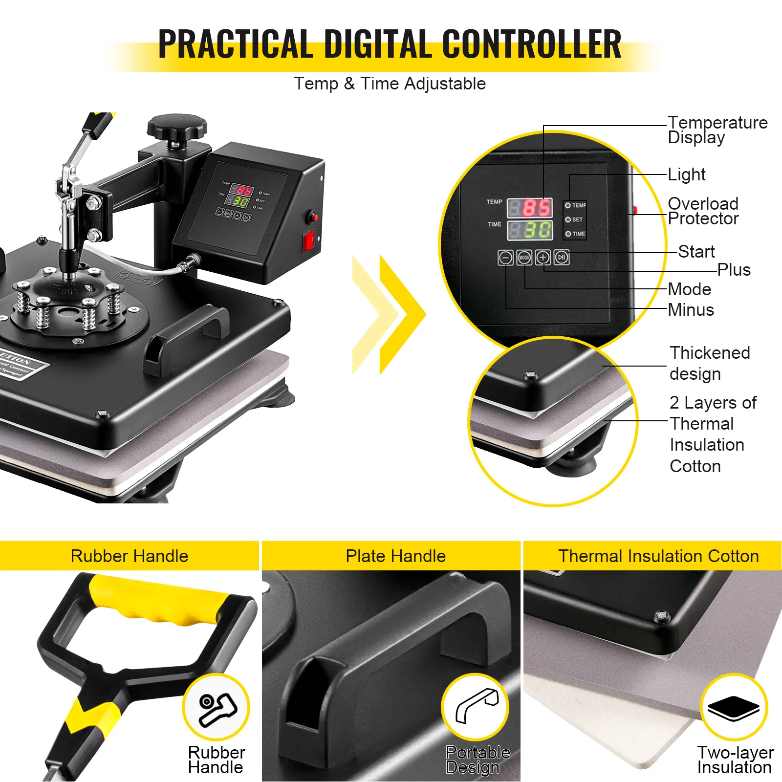 Prensa térmica VEVOR con controlador digital, mango de goma y aislamiento térmico.