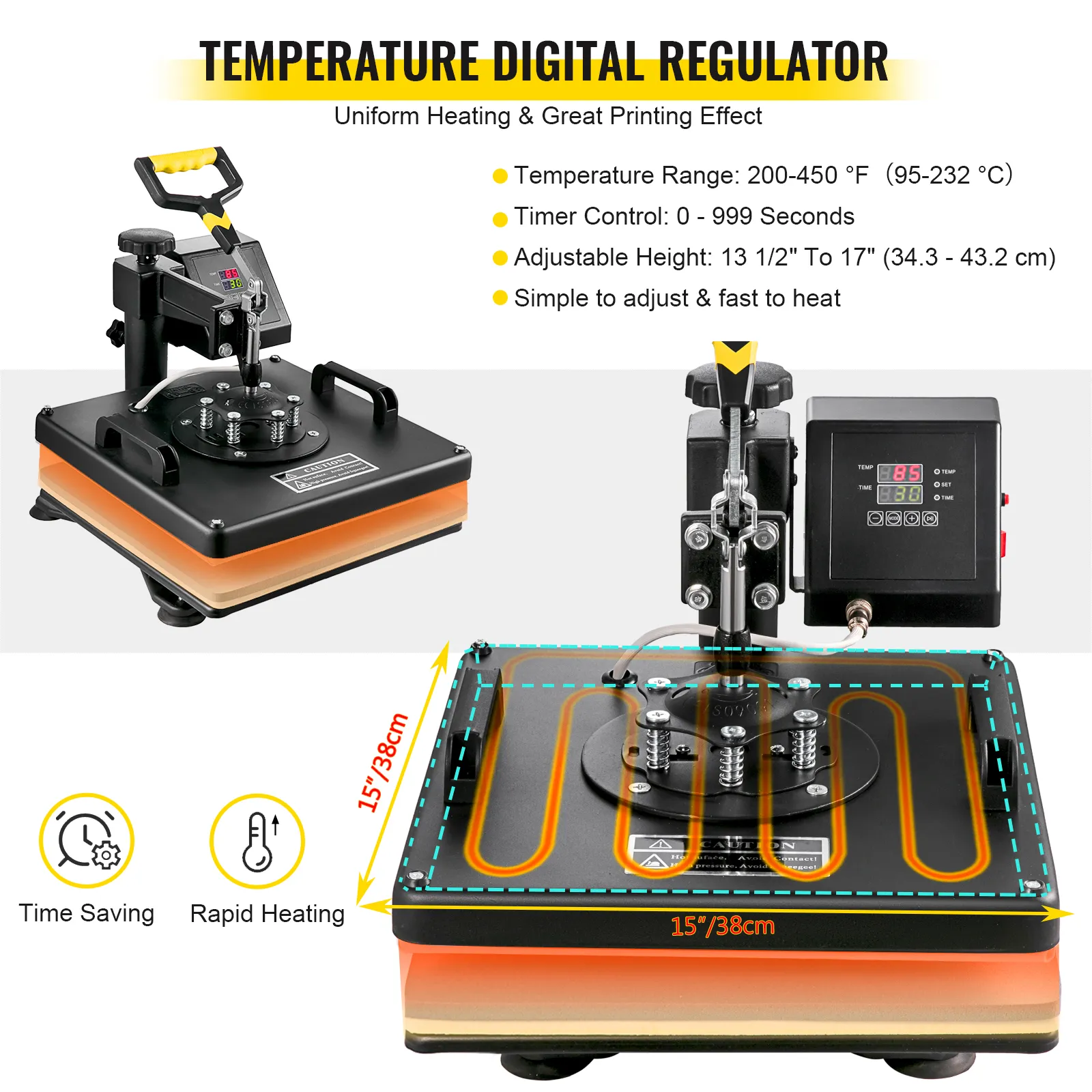 Prensa térmica VEVOR con regulador digital, altura ajustable y control de temperatura.