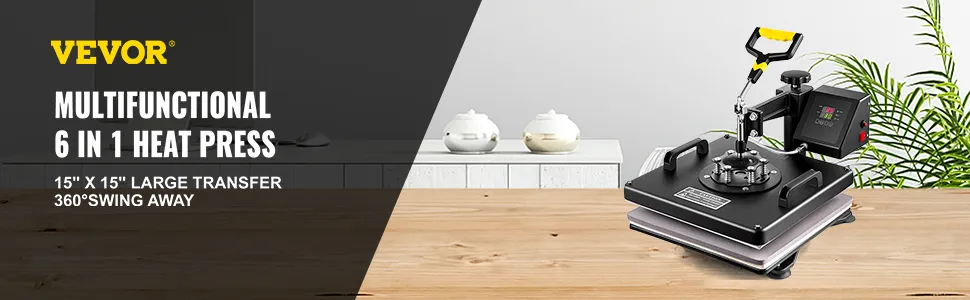 Prasa termotransferowa VEVOR do dużych transferów o rozmiarze 15" x 15" i możliwością odchylenia o 360°.