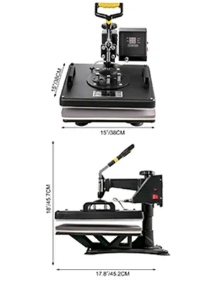 Prasa termotransferowa VEVOR pokazana w widoku z przodu i z boku wraz z wymiarami.