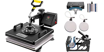 Prasa termiczna VEVOR z wieloma przystawkami do kubków, talerzy i czapek.