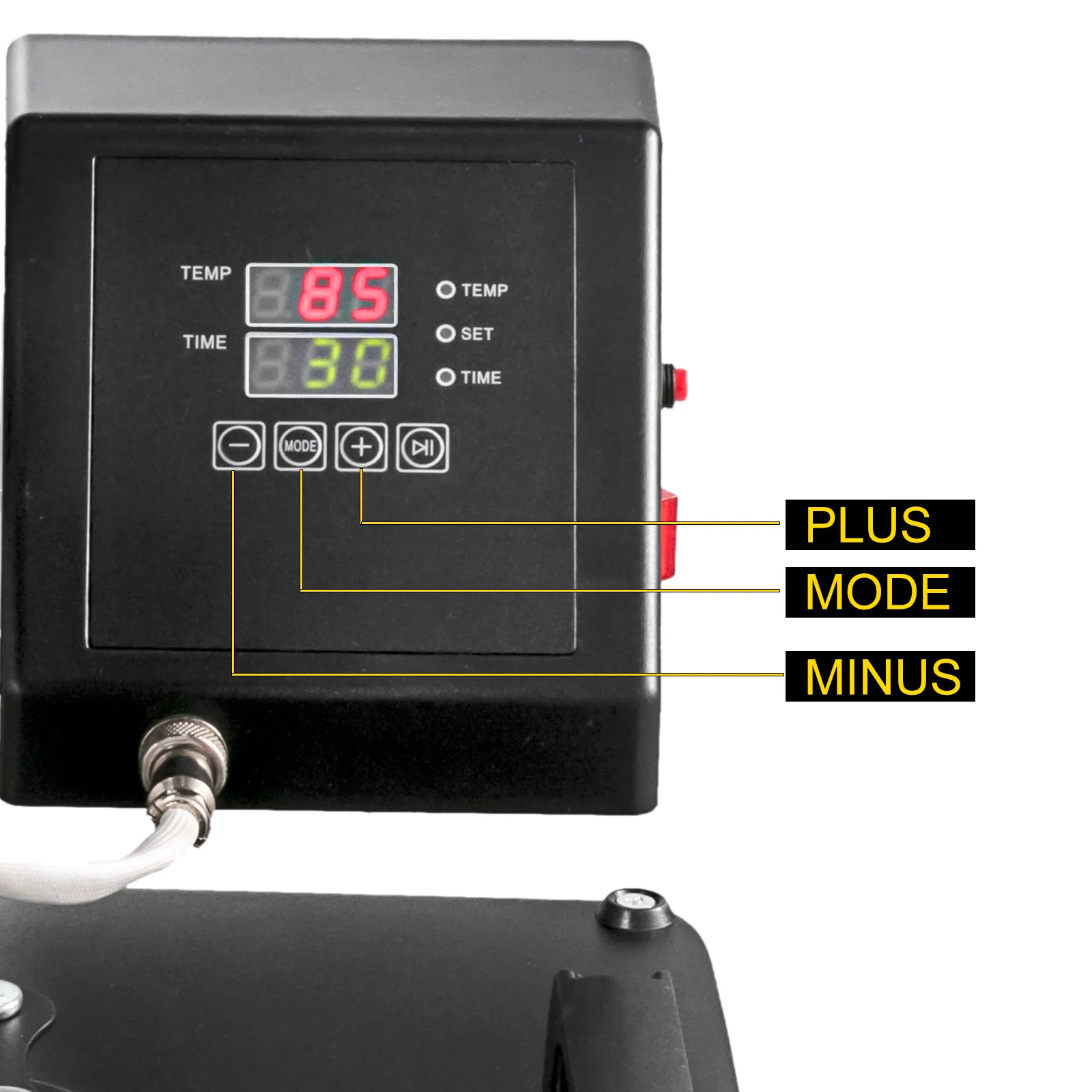 panel sterowania prasy termicznej VEVOR z wyświetlaczem cyfrowym i przyciskami oznaczonymi plus, mode, minus.