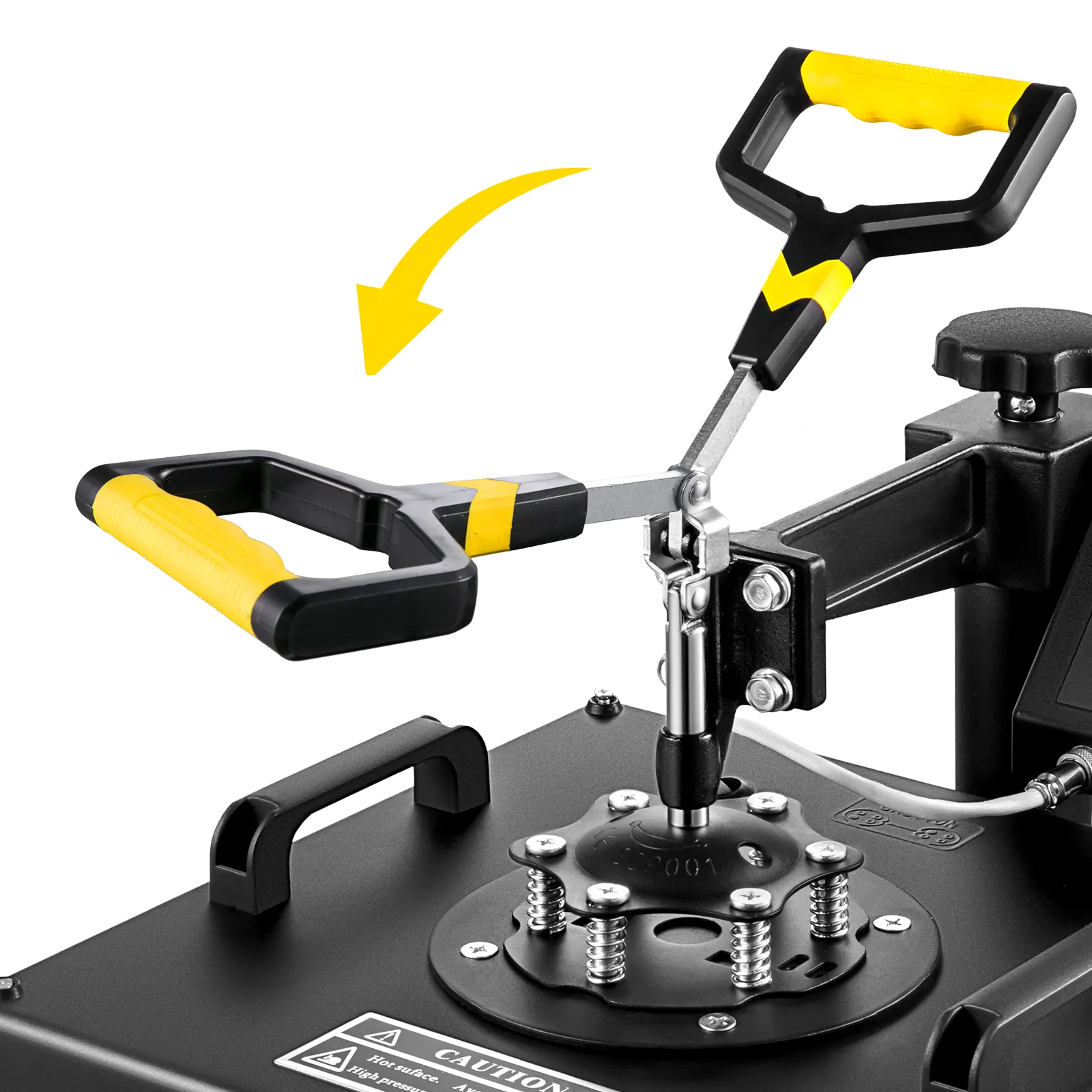 Prasa termotransferowa VEVOR z żółto-czarnym uchwytem i szczegółową płytą montażową.