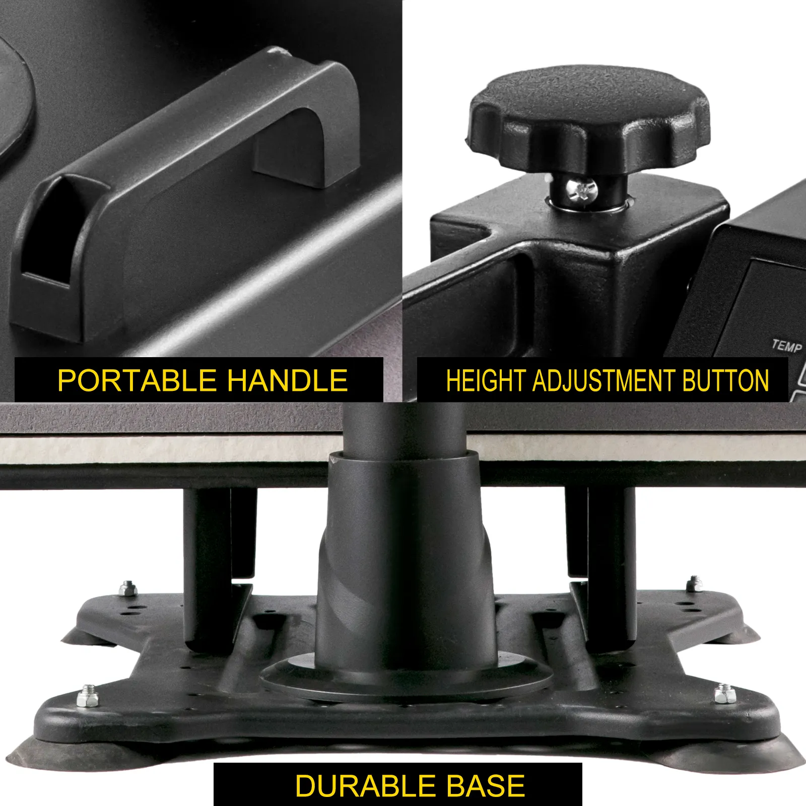 Prasa termotransferowa VEVOR wyposażona w wytrzymałą podstawę, przenośny uchwyt i przycisk regulacji wysokości.