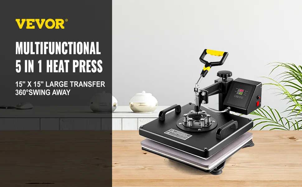 VEVOR heat press machine, 5-in-1 multifunctional, 15"x15" transfer, 360° swing away.