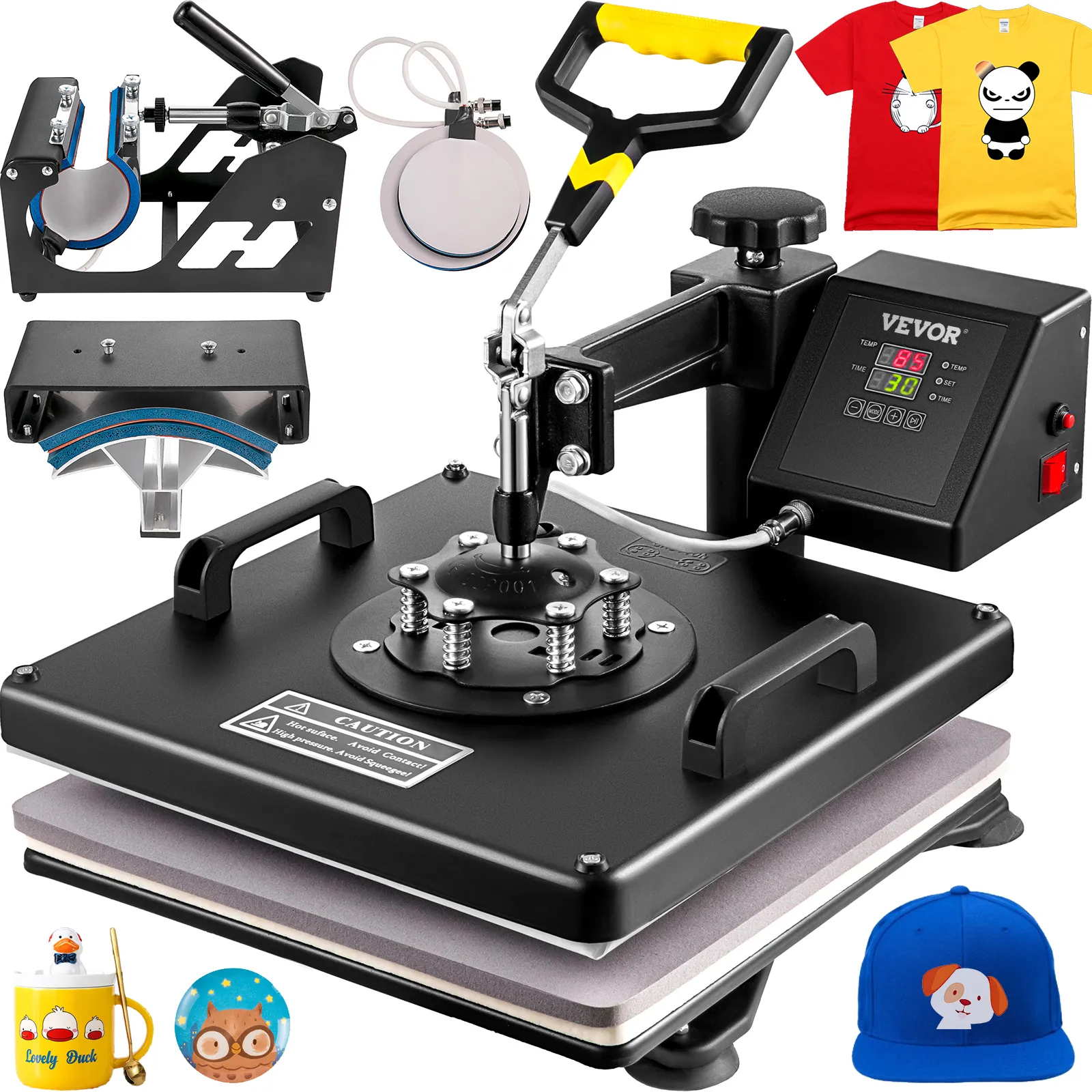 VEVOR heat press machine with accessories and printed t-shirts, mugs, and caps.